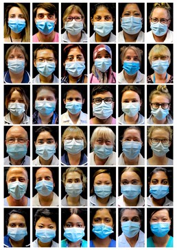 Cambridge M1 team taken by ward manager Rachel Giles. The image is a grid of individual portraits of staff who are all wearing face masks