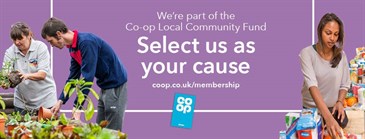 Co-op community fund pic. Image shows a woman selecting shopping on the right and a man and a woman with pot plants on the left. There is a purple background and white text that says We're part of the co-op local community fund. Select us as your cau