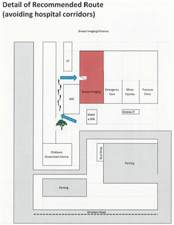 Map to show location of the Breast Screening Service at Kent and Canterbury Hospital. Access from the outside behind the childrens assessment centre on the side closest to the minor injuries unit.