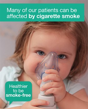 Child with oxygen mask promoting smoke free