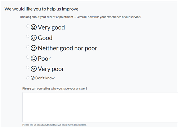 The text message will ask you to rate your experience from Very Good to Very Poor and add comments