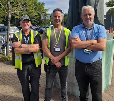 Avatar of Ian Peebles, Andrew Levett and Dean Davidson, from the WHH parking team.  Image shows three men standing by the car park. Two are wearing high-vis vests.