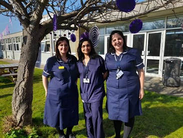 Fetal wellbeing midwife Jaynie Hollister, left, and Poppy Corrall, right, with consultant Dr Aylur Rajasri. They are pictured standing under a tree decorated with purple bunting.