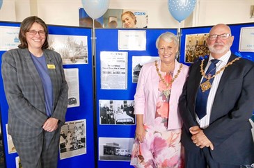 Liz Shutler at the QEQM 90th birthday event with Cllr Mick Tomlinson and wife Shirley