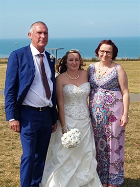 Mary-Anne Lovett, daughter Charlotte and husband Steve Kemp on Charlotte's wedding day