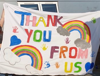 Thank you banner created with help from children on Rainbow ward