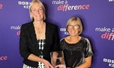 Avatar of Sarah Gotke and Lucy Mummery with their award. Image shows them in front of a Make a Difference backdrop, holding a glass award