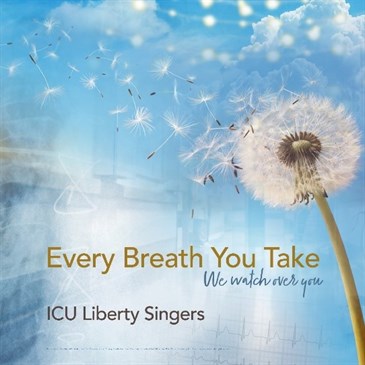 Cover of the ICU LIberty Singers single, Every Breath You Take. It's a blue sky with a dandelion seedhead in the foreground and clouds in the background. Text has the choir and single name