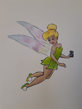 The character Tinkerbell painted by children's diabetes nurse Jade Clark. Tinkerbell is sporting a diabetic monitoring kit, with a patch on her arm and she is holding the device that shows the results