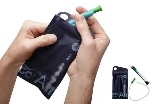 The new catheter, shown with hands holding it in a pouch