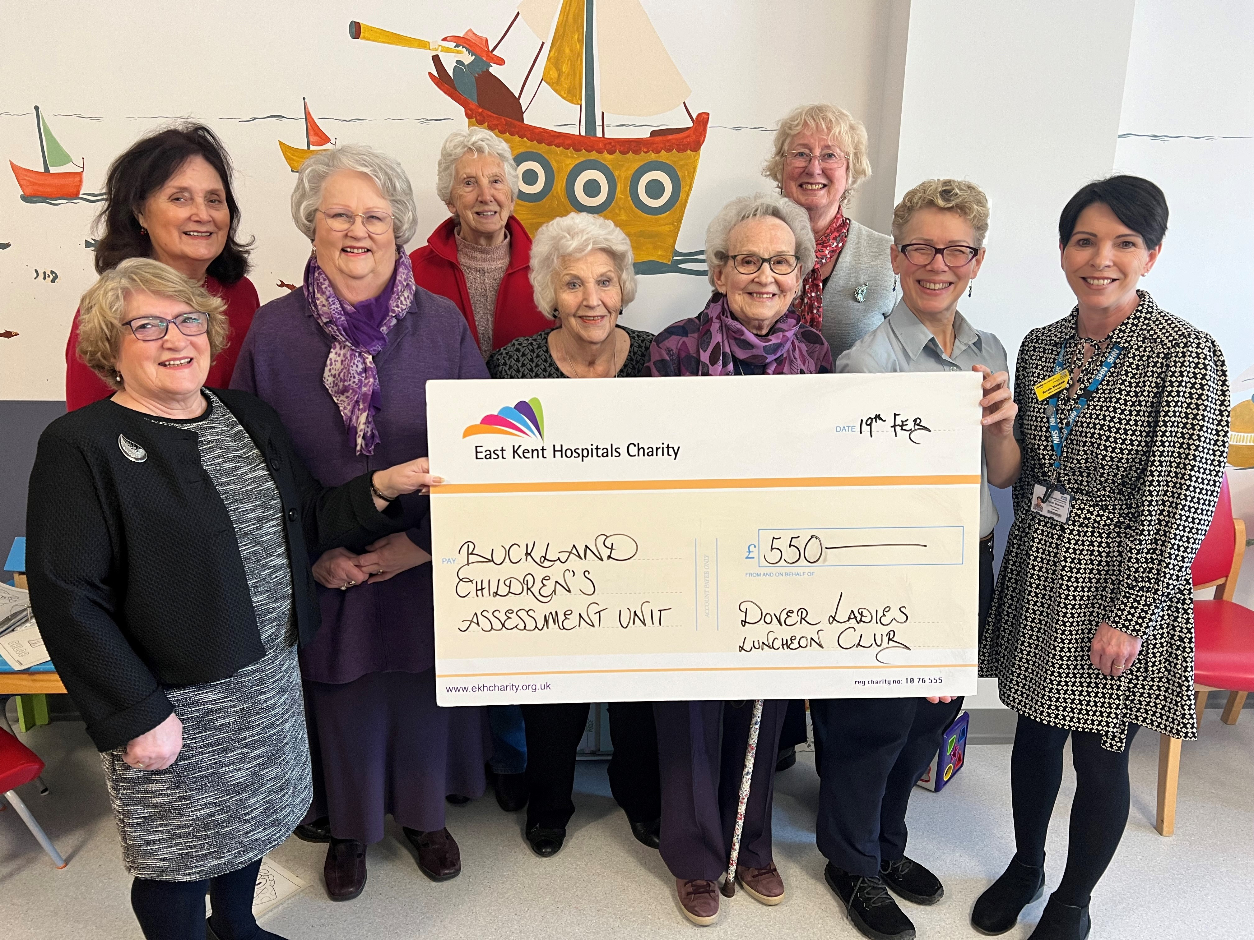 Committee members from Dover Ladies Luncheon Club hand over the cheque to staff at Buckland Hospital