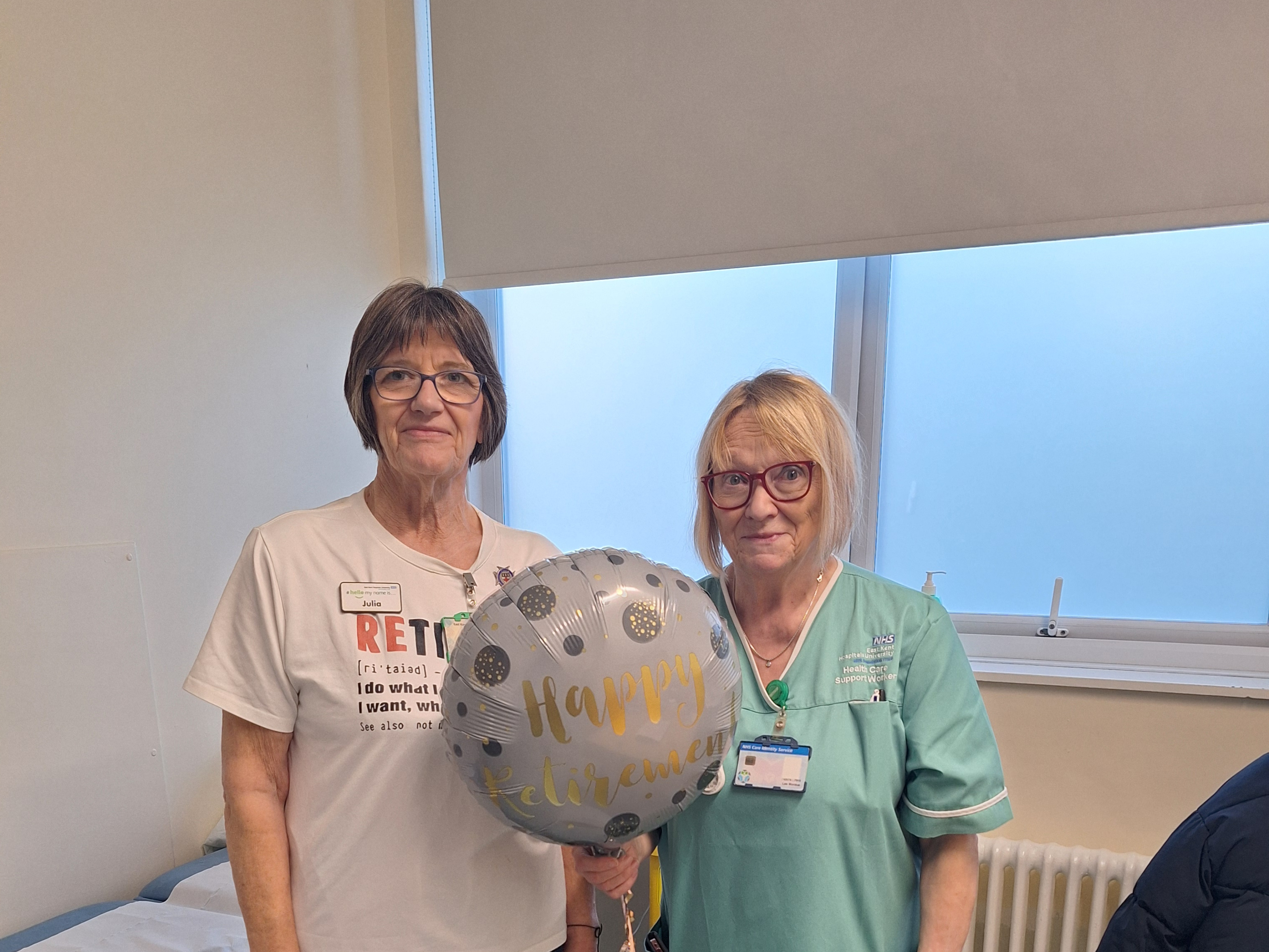 Julie and Leonora on their last day, with a happy retirement balloon