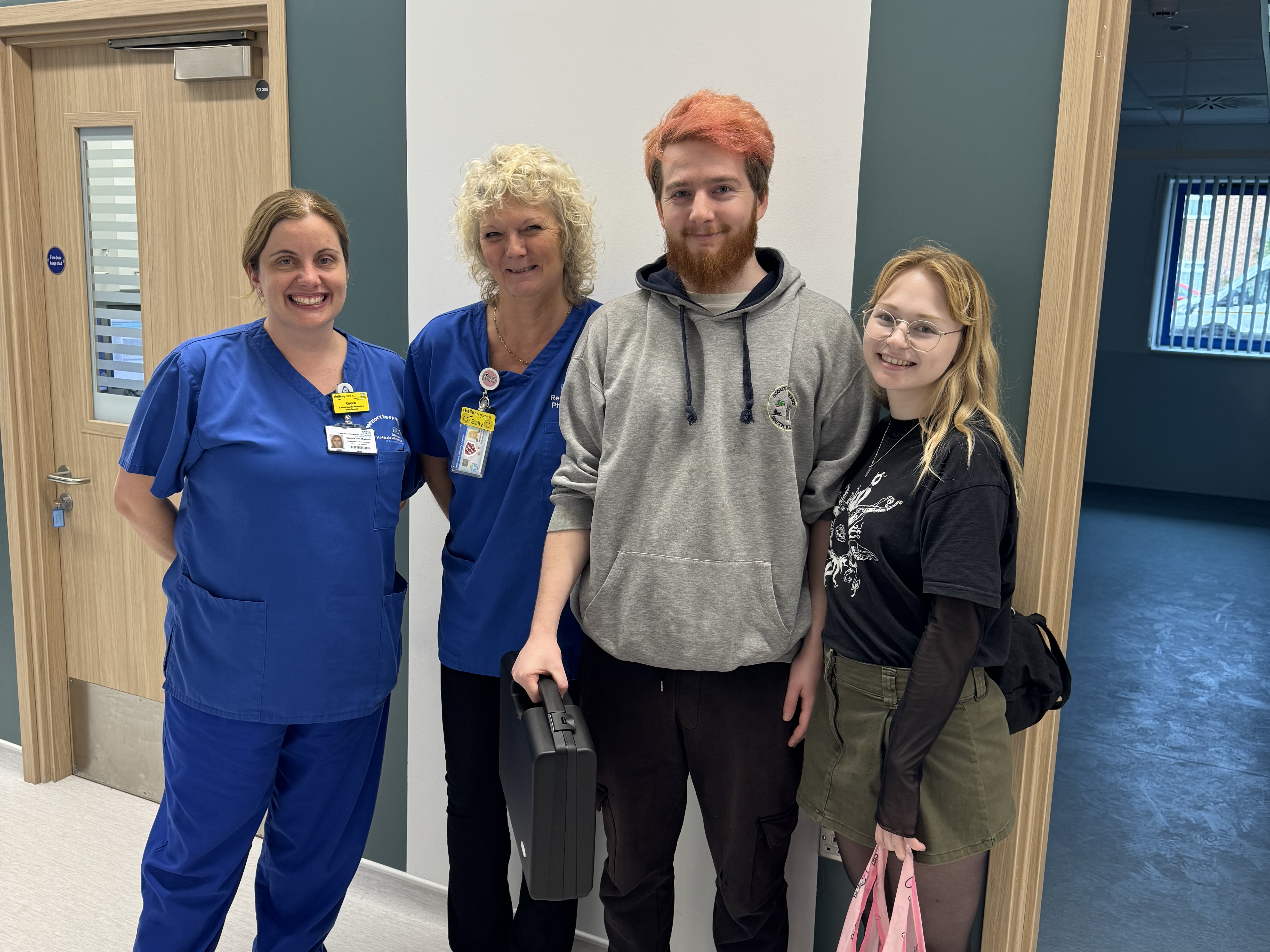 Grace McMahan and Sally Margetts from the respiratory sleep services team with patient Kieron Moore and his girlfriend Amber