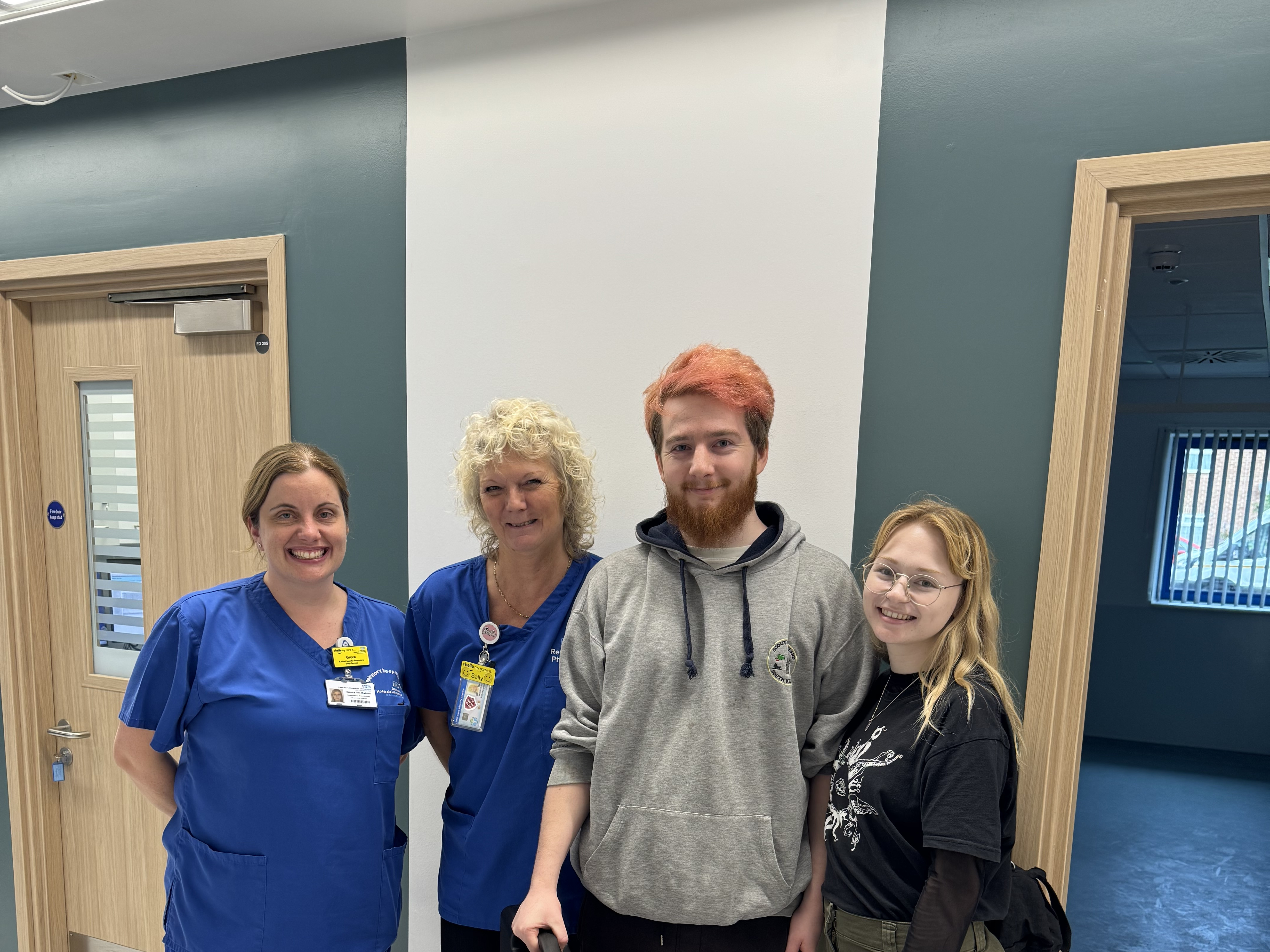 Grace McMahan and Sally Margetts from the respiratory sleep services team with patient Kieron Moore and his girlfriend Amber